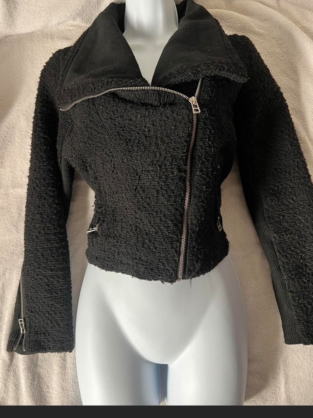 Miami Black Boucle Textured Moto Jacket Asymmetrical Zip Biker Small